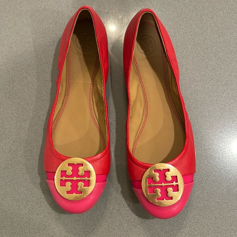 Tory Burch red and pink miller flats
